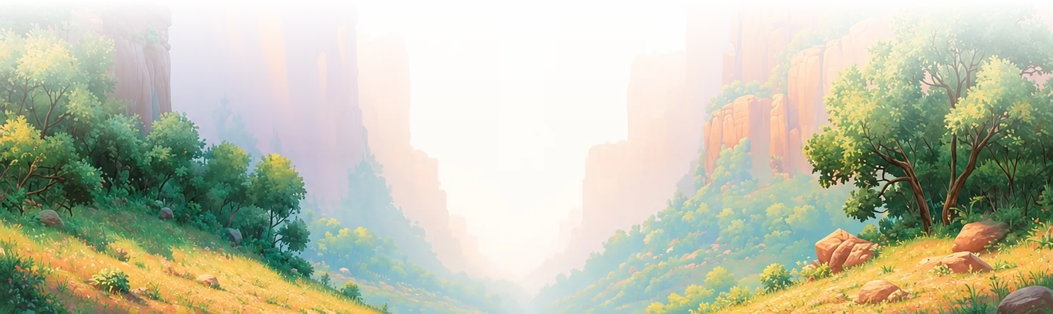 Trees and rocks in the canyon's foreground